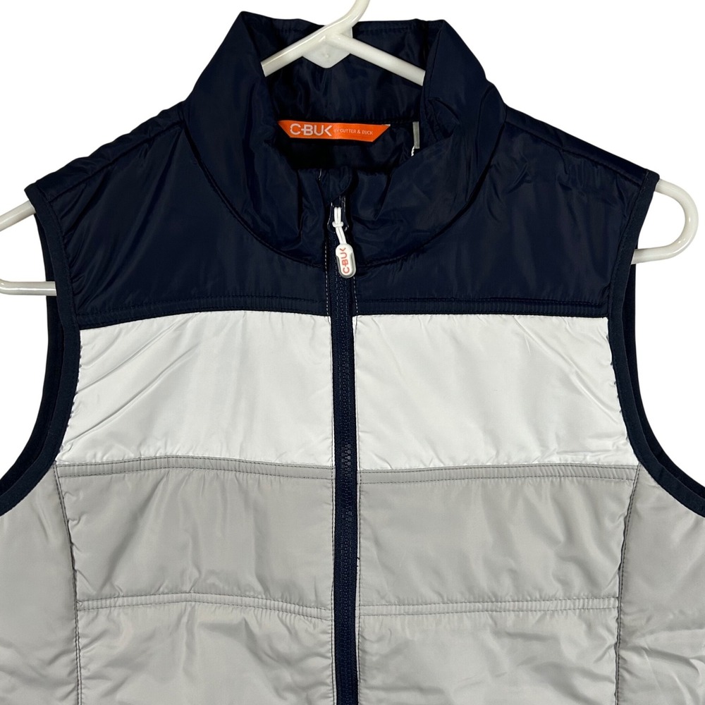 CBUK Cutter & Buck Womens Small Puffer Vest Navy Blue White Grey Colorblock Zip